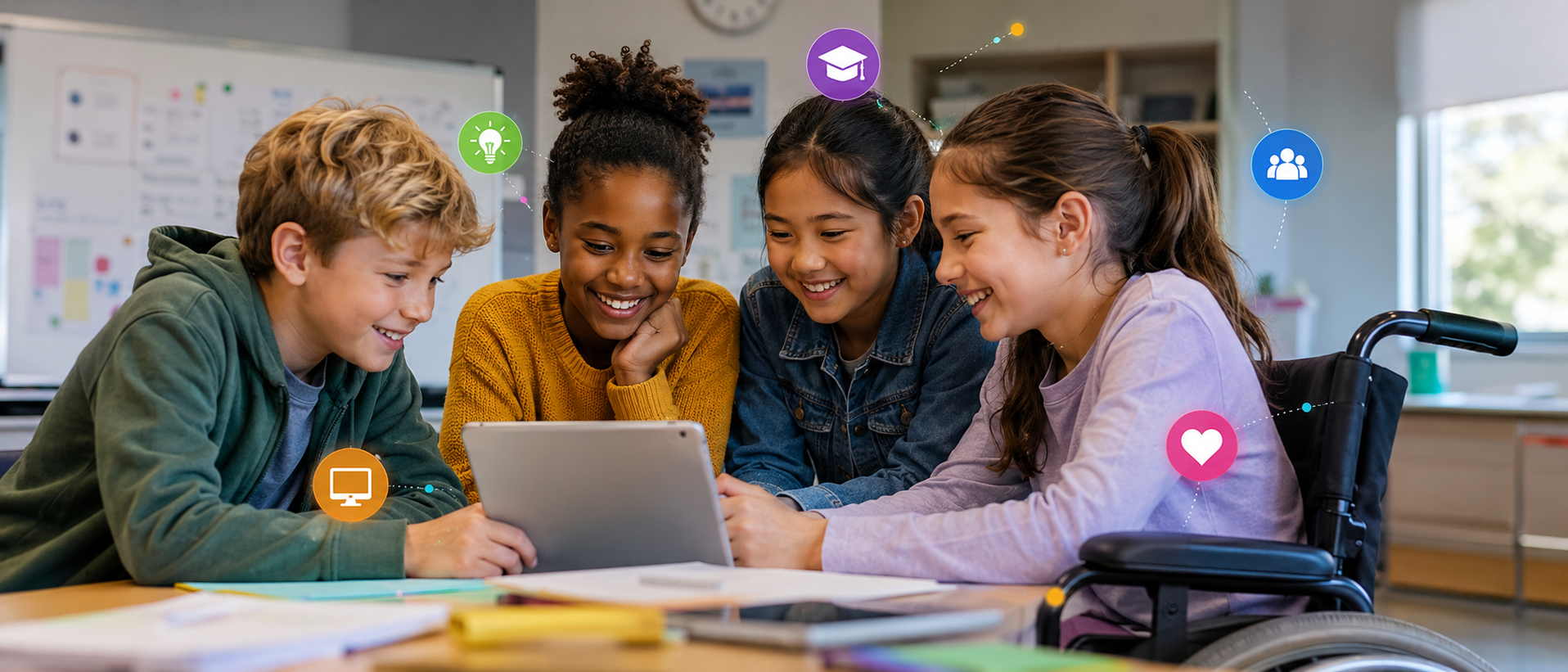 Estudantes utilizando tecnologia em uma experiência de aprendizagem inclusiva